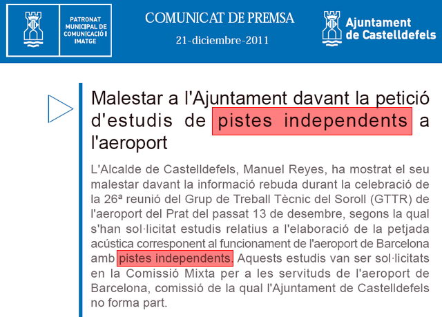 Extracto de la nota de prensa emitida por el Ayuntamiento de Castelldefels informando que la Comisi�n Mixta para las servidumbres ha solicitado estudios del aeropuerto de Barcelona funcionando con pistas independientes